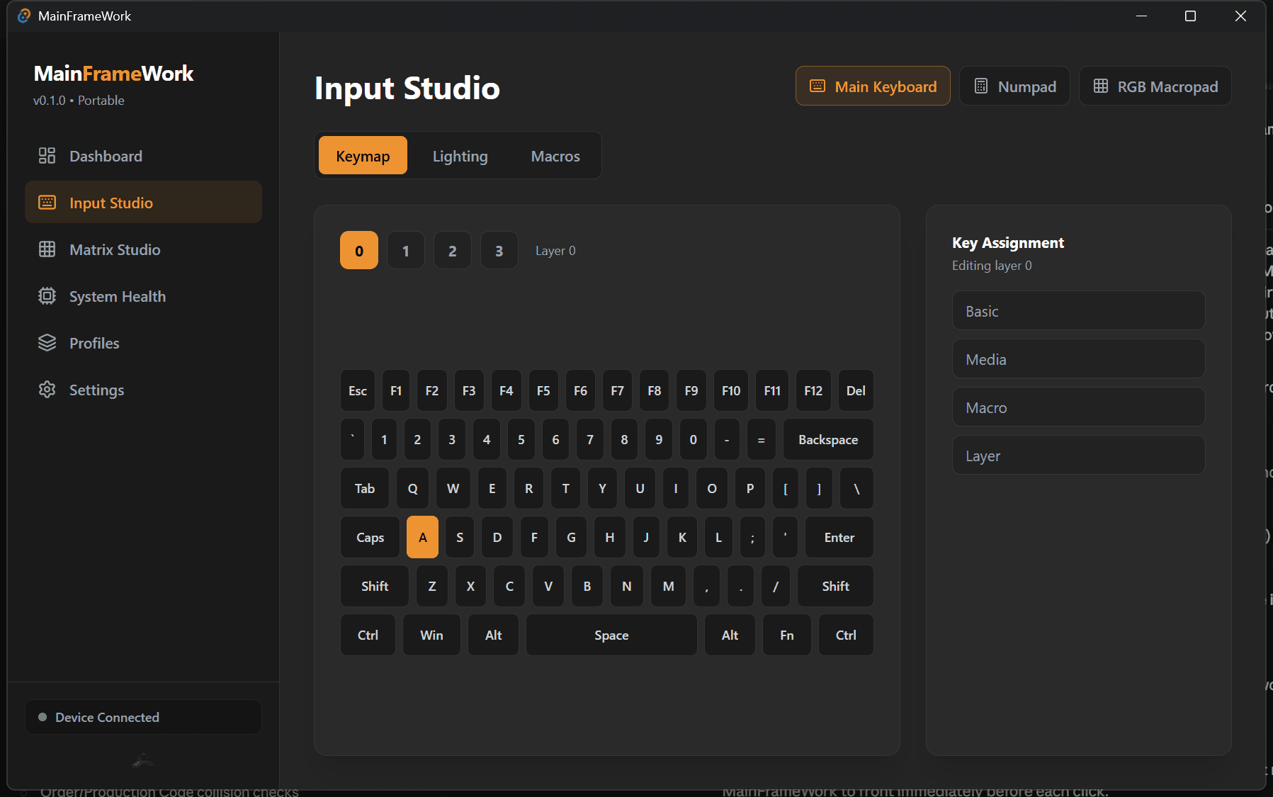 MainFrameWork Input Studio with a key selected and the Key Assignment panel open