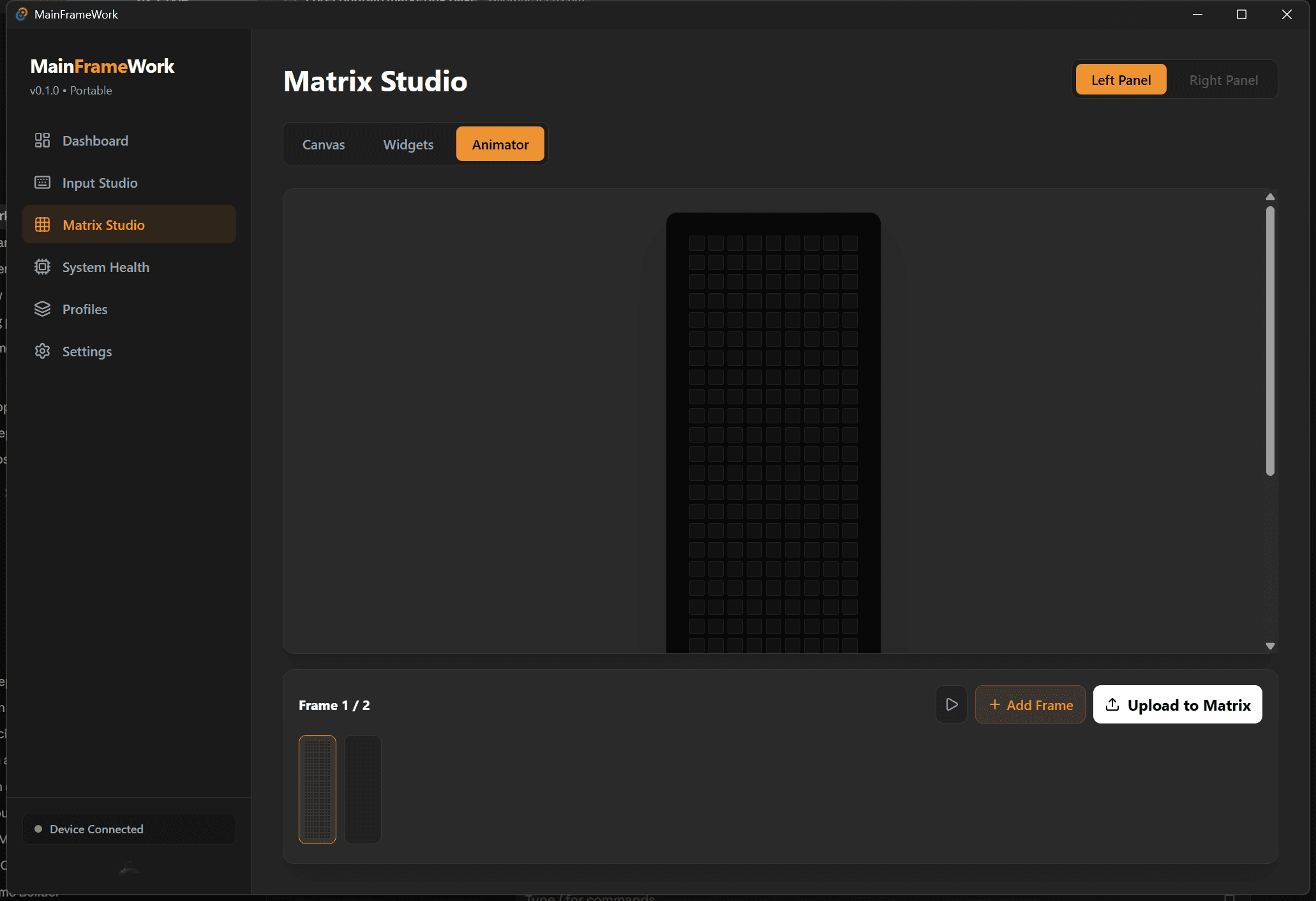 MainFrameWork Animator with multi-frame animation timeline for the LED matrix