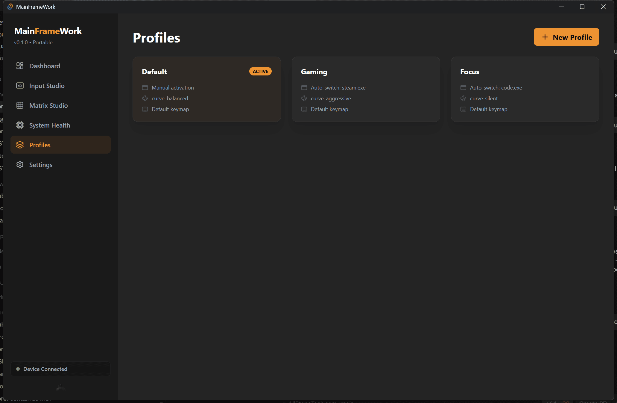 MainFrameWork Profiles panel showing Default, Gaming, and Focus profiles with auto-switch rules