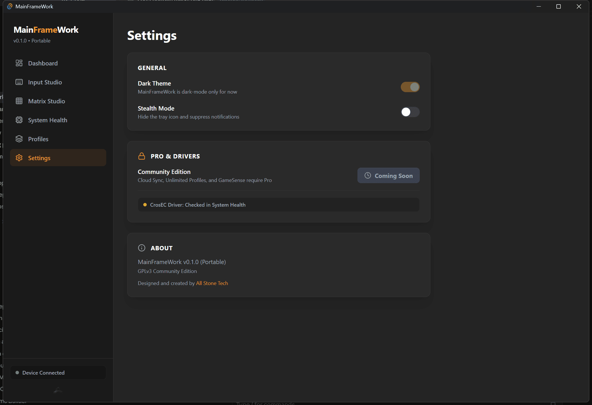 MainFrameWork Settings panel showing Pro & Drivers section marked Coming Soon