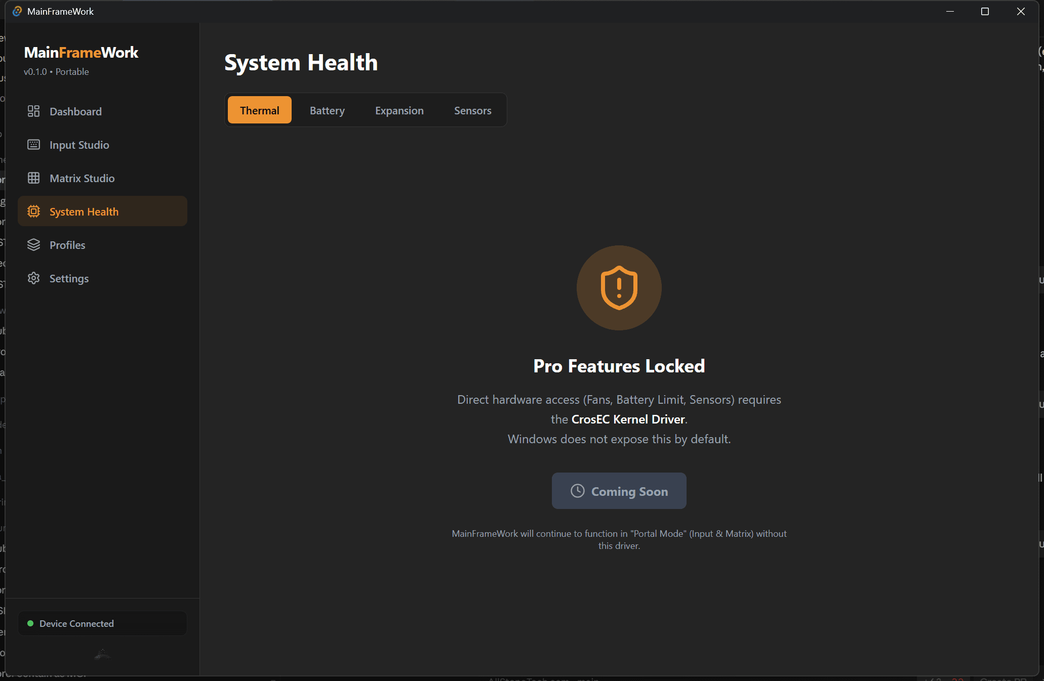 MainFrameWork System Health panel disclosing that EC hardware access requires a kernel driver that isn't built yet